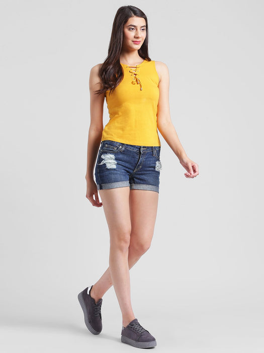 Mustard Yellow Sleeveless Top with Tie-Up Neck Fastening