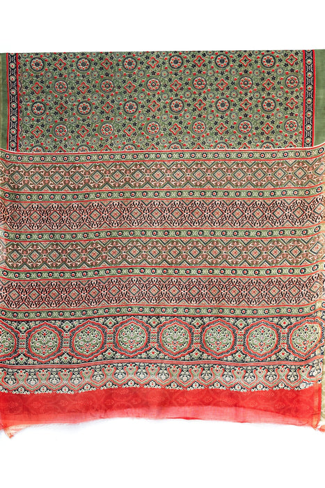 Chanderi Printed Saree - Green Red