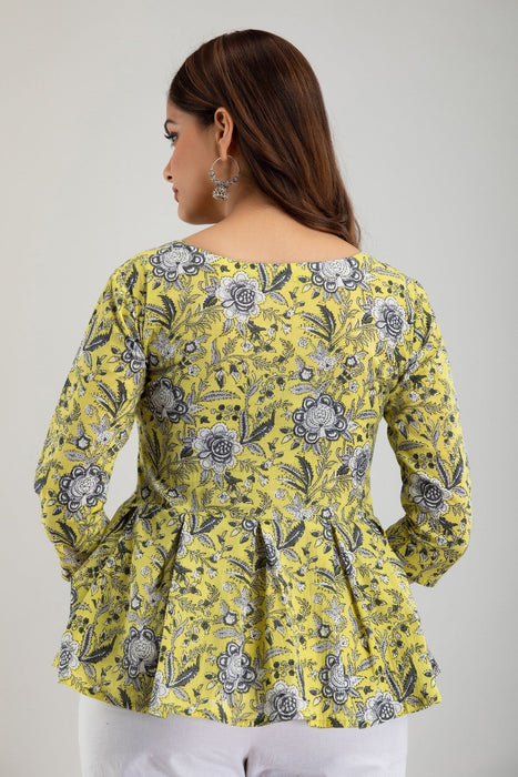 Women's Pure Cotton Printed Hip Length Formal Tops KRT030YELLOW