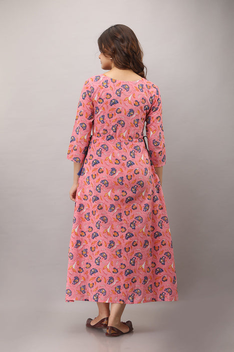 Women's Pure Cotton Printed Ankle Length Flared Traditional Kurta KR011PINK