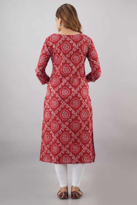 Women's 100% Pure Cotton Printed Calf Length Straight Kurta KR051RED