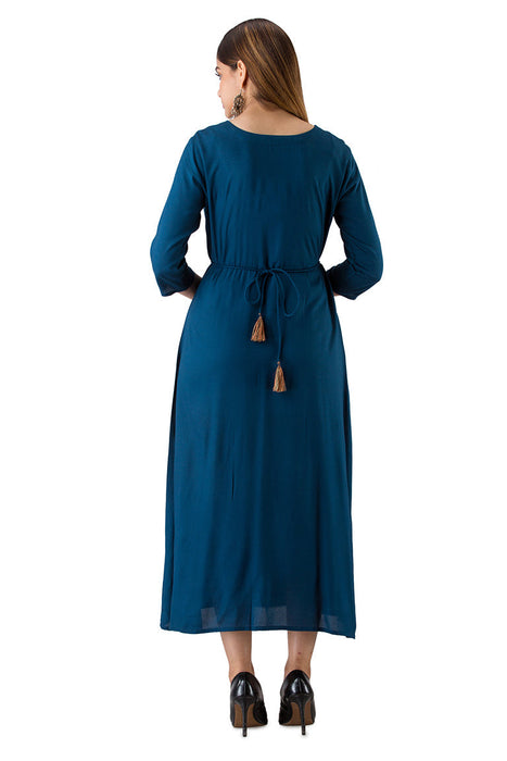 Women's Solid Dyed Rayon Designer Embroidered A-Line Kurta - KR085BLUE