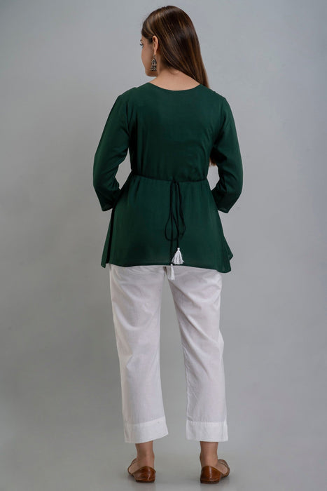 Women's Rayon embroidered Hip Length Formal Tops KRT035GREEN