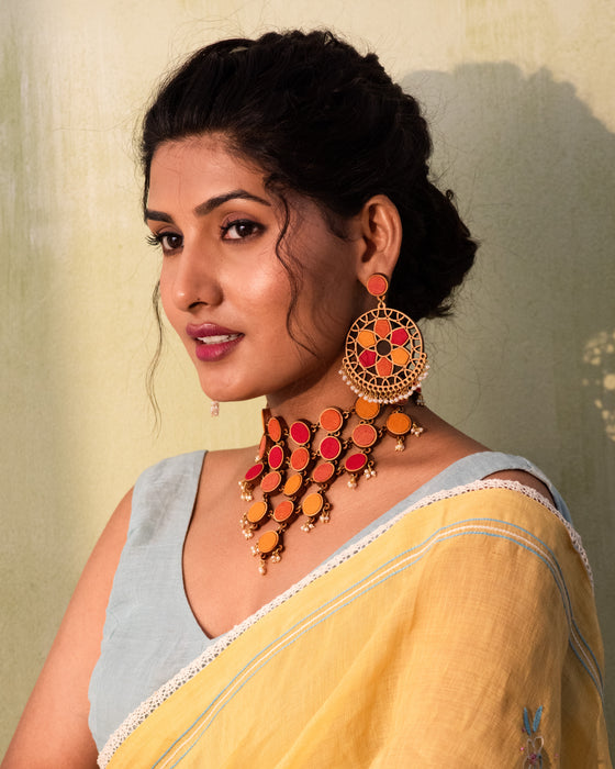 Red And Orange Wheel Fabric And Wood Earrings