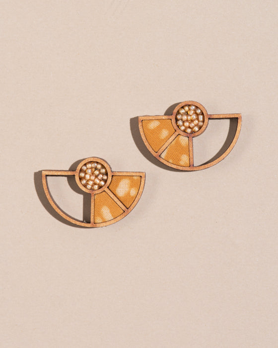 Yellow Geometrical Fabric And Wood Earring