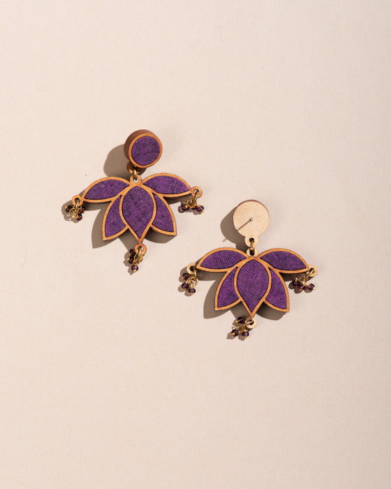 Purple Lotus Fabric And Wood Earrings