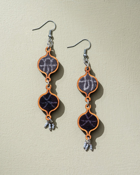 Grey Tribal Motives Fabric And Wood Earrings