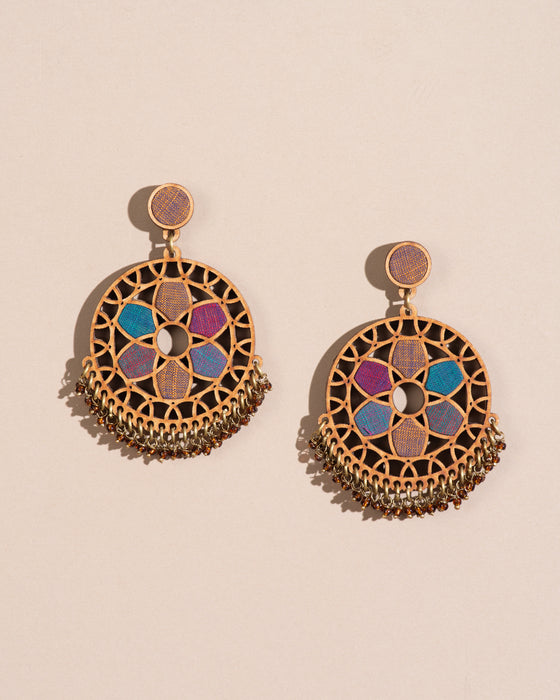 Violet Wheel Fabric And Wood Earrings