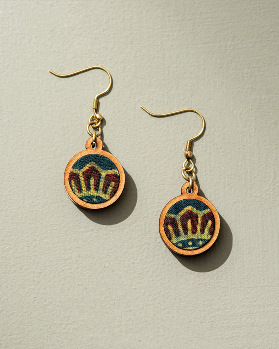 Sun Green Ajrakh Fabric And Wood Earrings