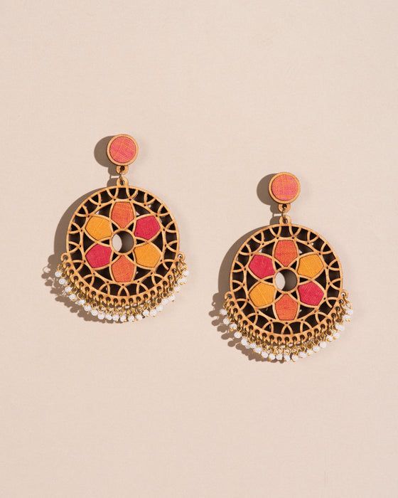 Red And Orange Wheel Fabric And Wood Earrings