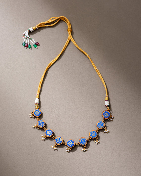 Blue Brocade Fabric And Wood Necklace