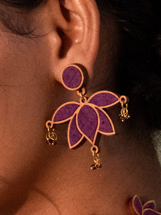 Purple Lotus Fabric And Wood Earrings