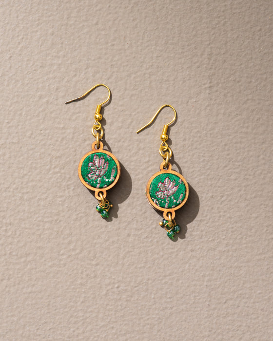 Green Banarasi Fabric And Wood Earrings