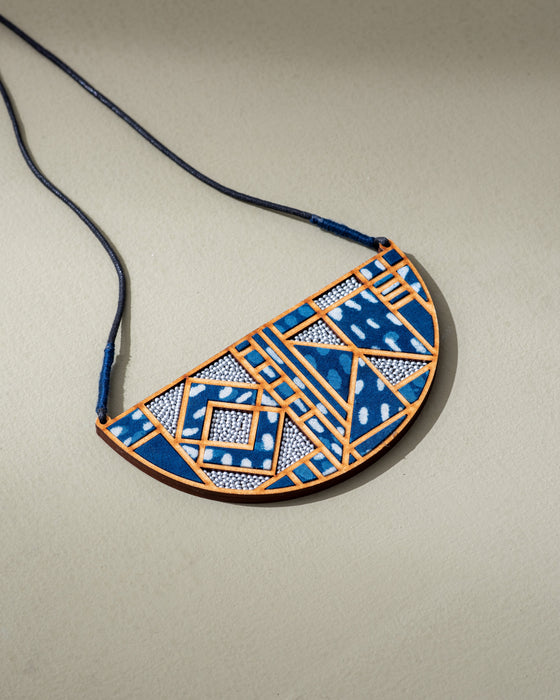 Indigo Upcycled Fabric And Wood Maze Necklace