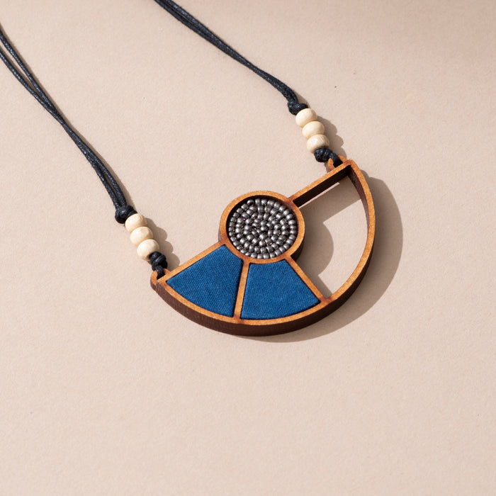 Blue Geometrical Fabric And Wood Pendant Necklace