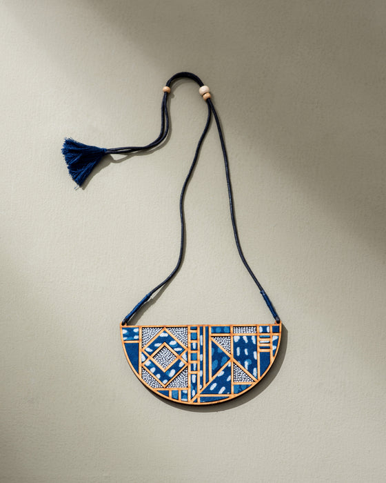 Indigo Upcycled Fabric And Wood Maze Necklace