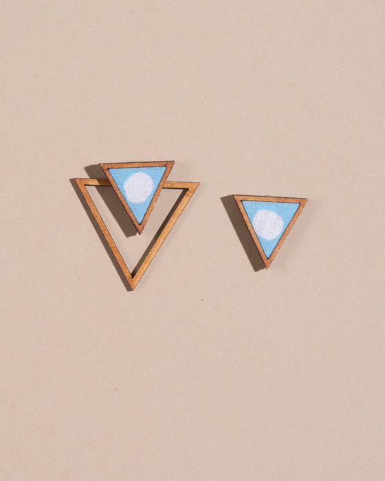 Blue Two Look In One Fabric And Wood Triangle Earring