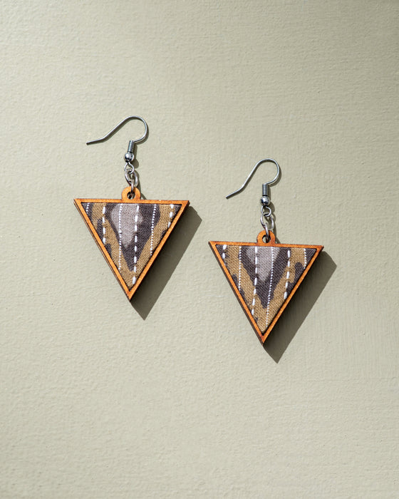 Brown Fabric And Wood Triangular Earrings