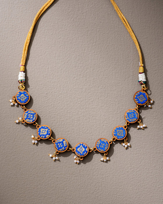 Blue Brocade Fabric And Wood Necklace