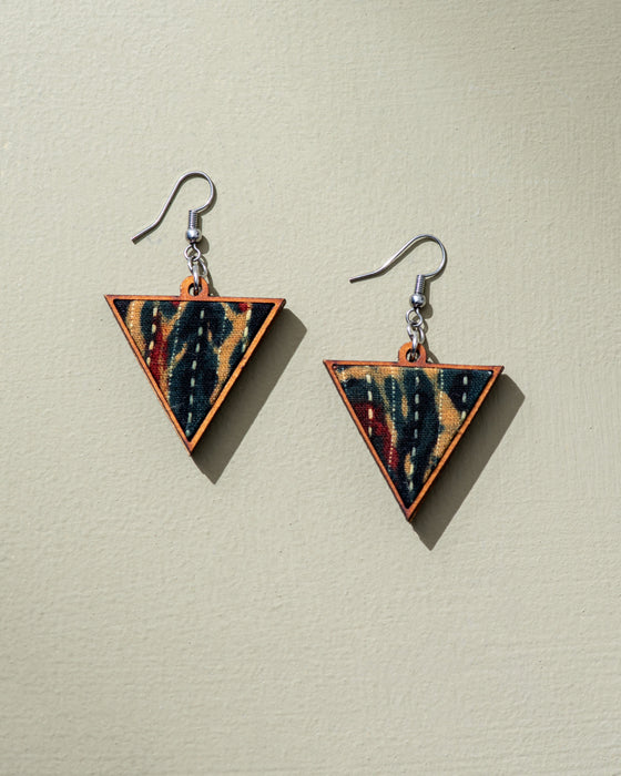 Green Fabric And Wood Triangular Earrings