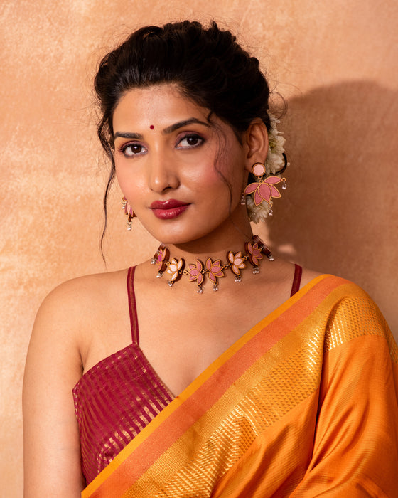 Pink Festive Lotus Fabric And Wood Earrings