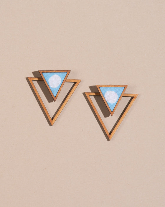 Blue Two Look In One Fabric And Wood Triangle Earring