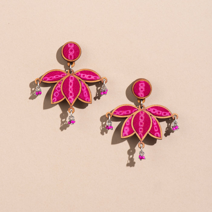 Pink Pure Georgette Bandhani Fabric And Wood Lotus Earrings