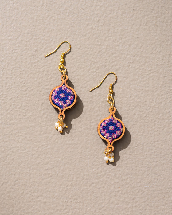 Blue Brocade Festive Fabric And Wood Earrings