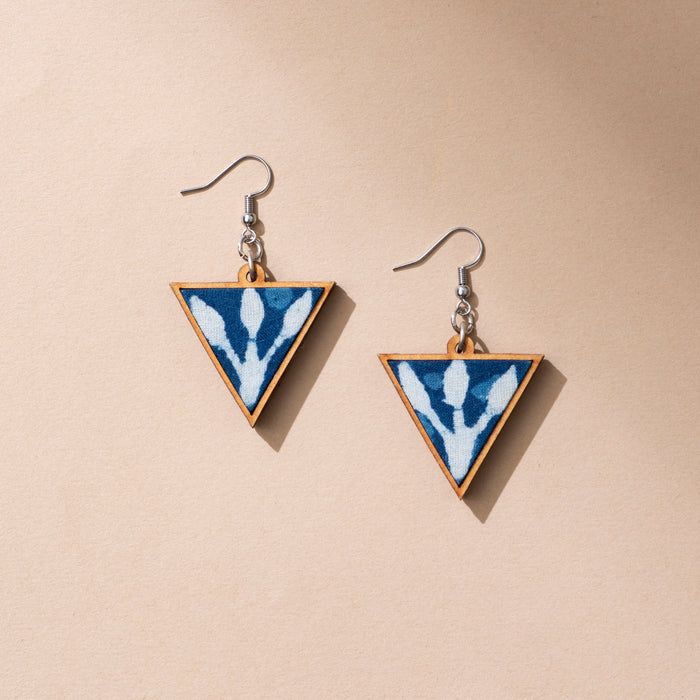 Indigo Fabric And Wood Triangular Earrings