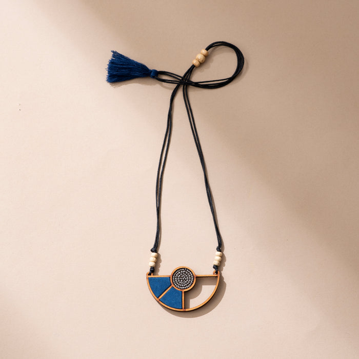 Blue Geometrical Fabric And Wood Pendant Necklace