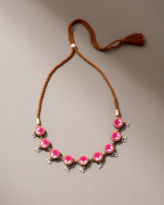 Pink Fabric And Wood Flower Choker Necklace