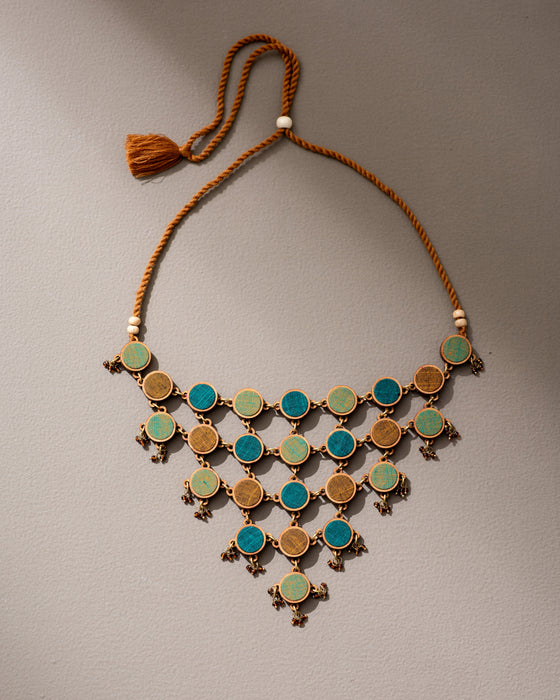 Shades Of Green Fabric And Wood Statement Necklace