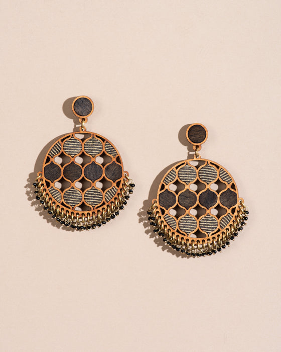 Black Round Fabric And Wood Earrings