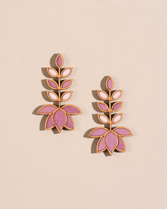 Light Pink Leaf Motif Fabric And Wood Earrings