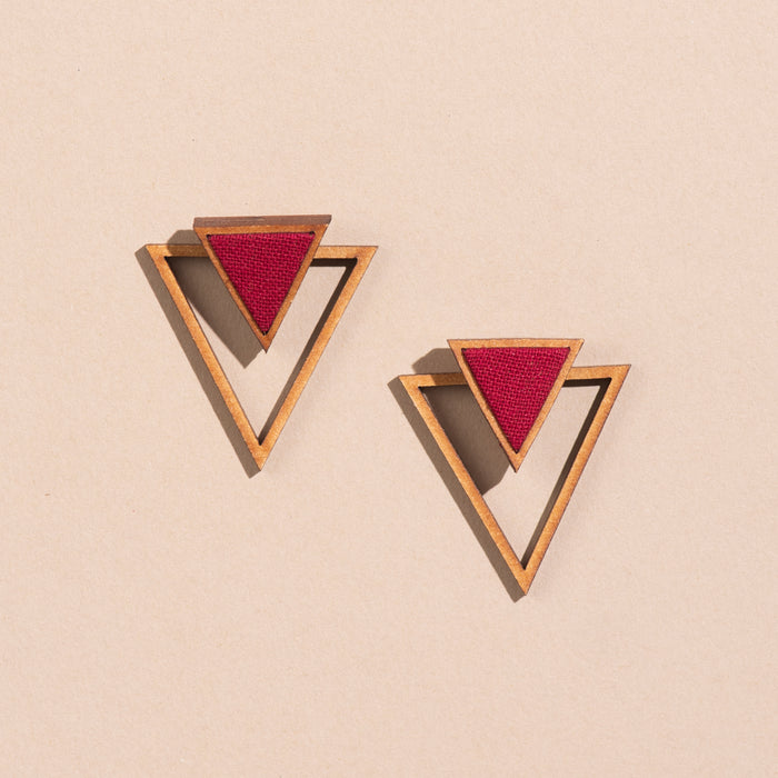 Maroon Two Look In One Fabric And Wood Triangle Earring