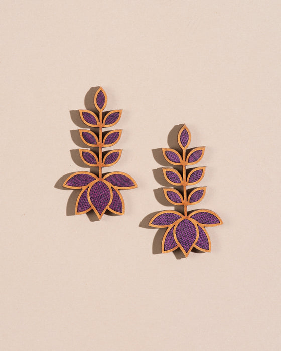 Purple Leaf Motif Fabric And Wood Earrings