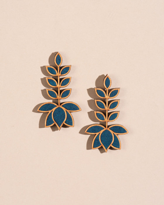 Teal Leaf Motif Fabric And Wood Earrings