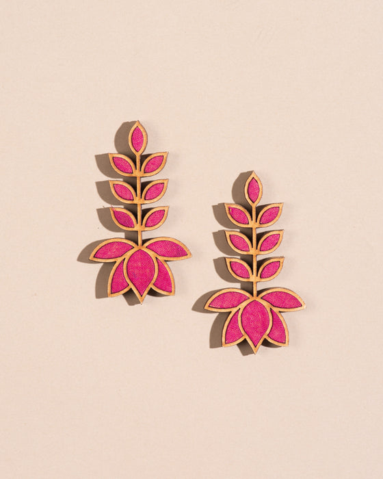 Pink Lotus Fabric And Wood Statement Earrings