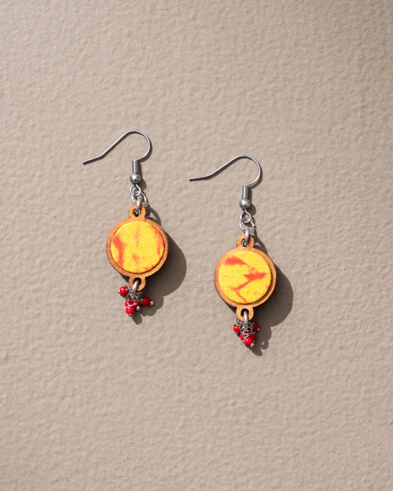 Yellow Orange Tie And Dye Wood And Fabric Danglers