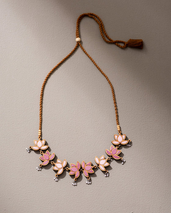 Pink Lotus Fabric And Wood Choker