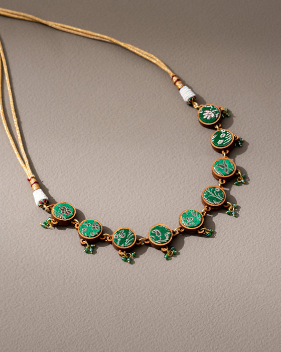 Green Banarasi Fabric And Wood Choker Necklace