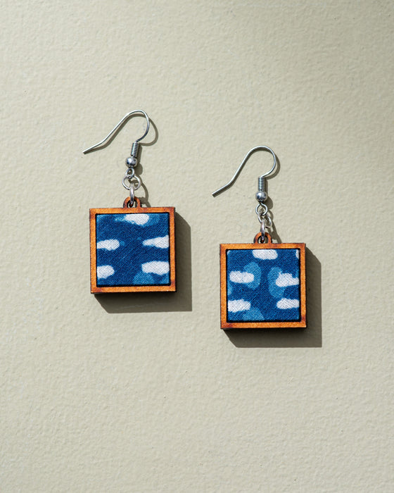 Indigo Fabric And Wood Square Earrings