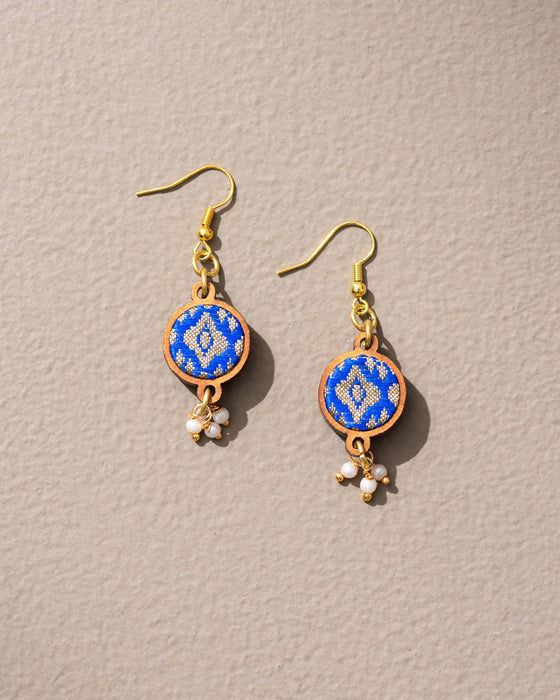 Blue Brocade Festive Fabric And Wood Earrings