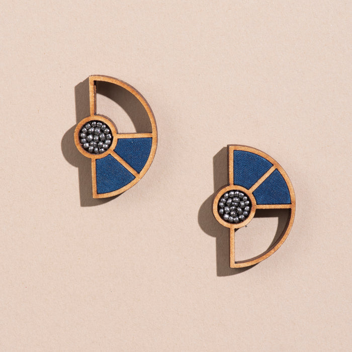 Blue Geometrical Fabric And Wood Earring