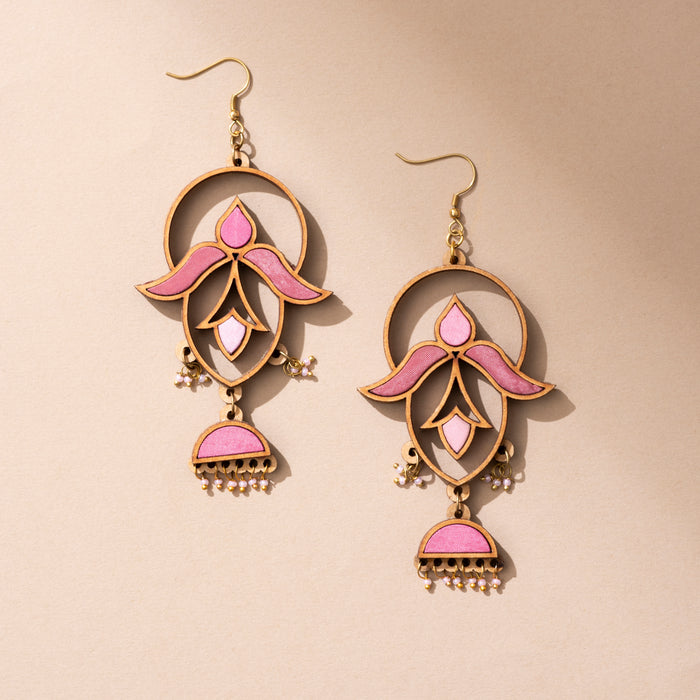 Shades Of Pink Fabric And Wood Elaborate Danglers