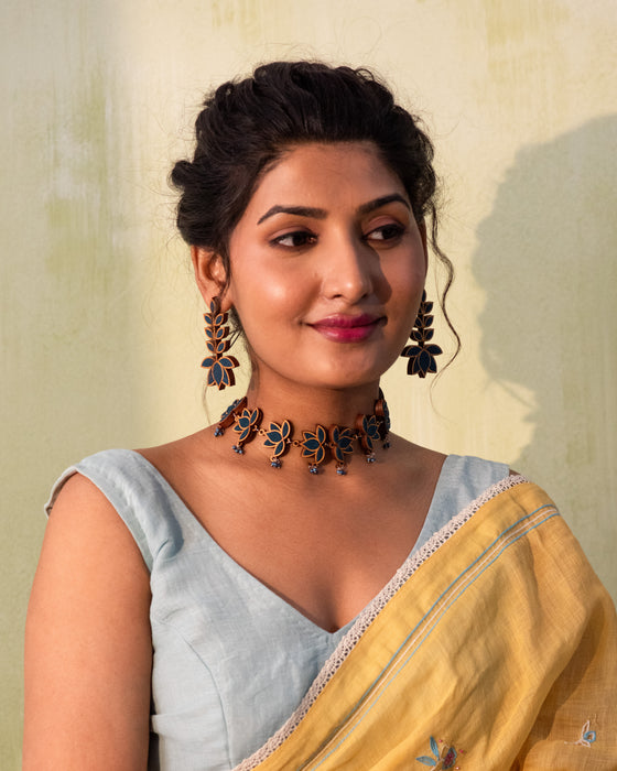 Teal Leaf Motif Fabric And Wood Earrings