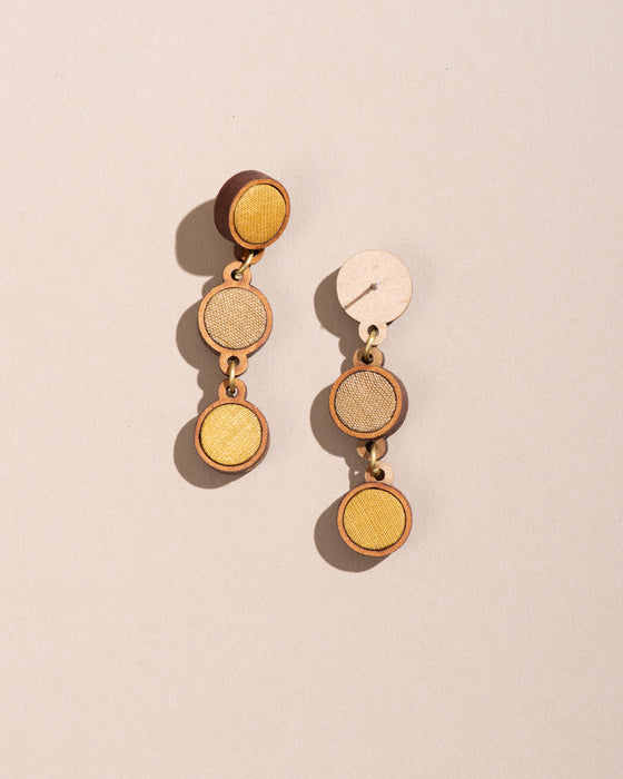 Yellow Fabric And Wood Round Earring