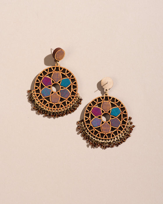 Violet Wheel Fabric And Wood Earrings