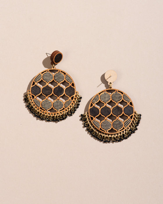 Black Round Fabric And Wood Earrings