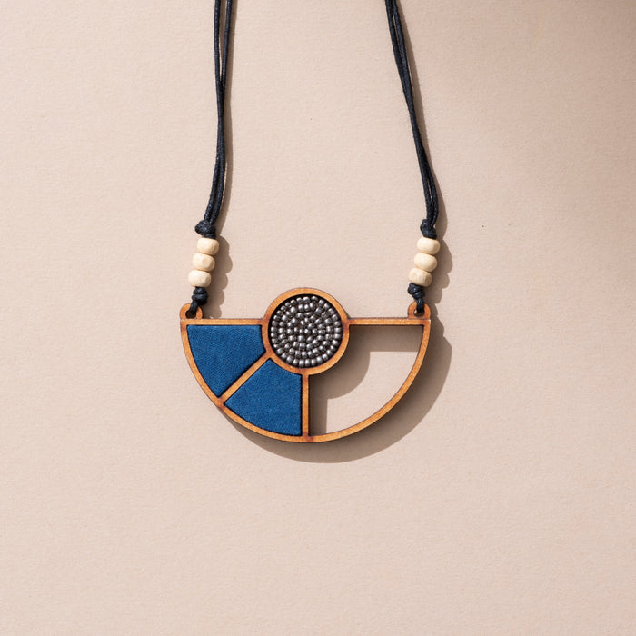 Blue Geometrical Fabric And Wood Pendant Necklace